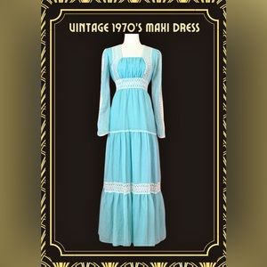 Vintage blue bohemian maxi dress- crochet trim- vintage 70’s